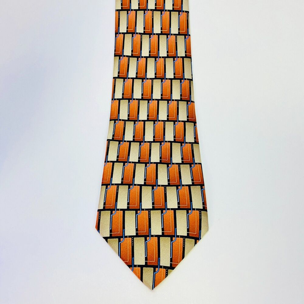 Stafford Men's 100% Silk Tie Orange Gold Blue Black Geometric Necktie